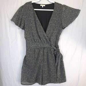 Halo Wrap Romper Black White Print Flutter Sleeve V Neck Shorts Women M Resort